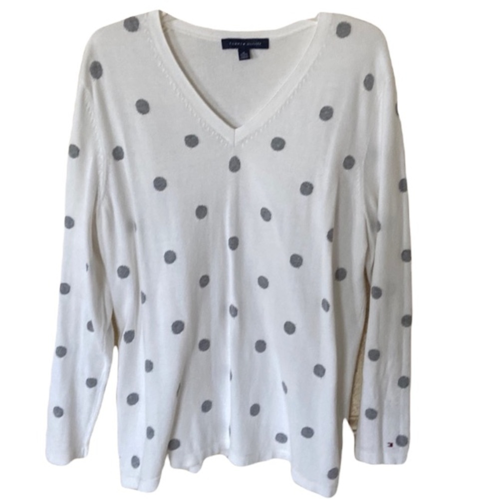 Tommy Hilfiger white V sweater with gray dots 100% cotton,size XL